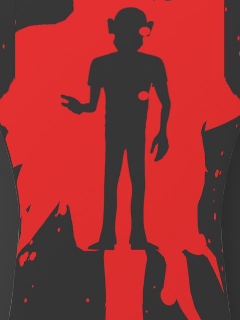 The Larry shirt: a red cartoon splatter print with Larry's silhouette on black